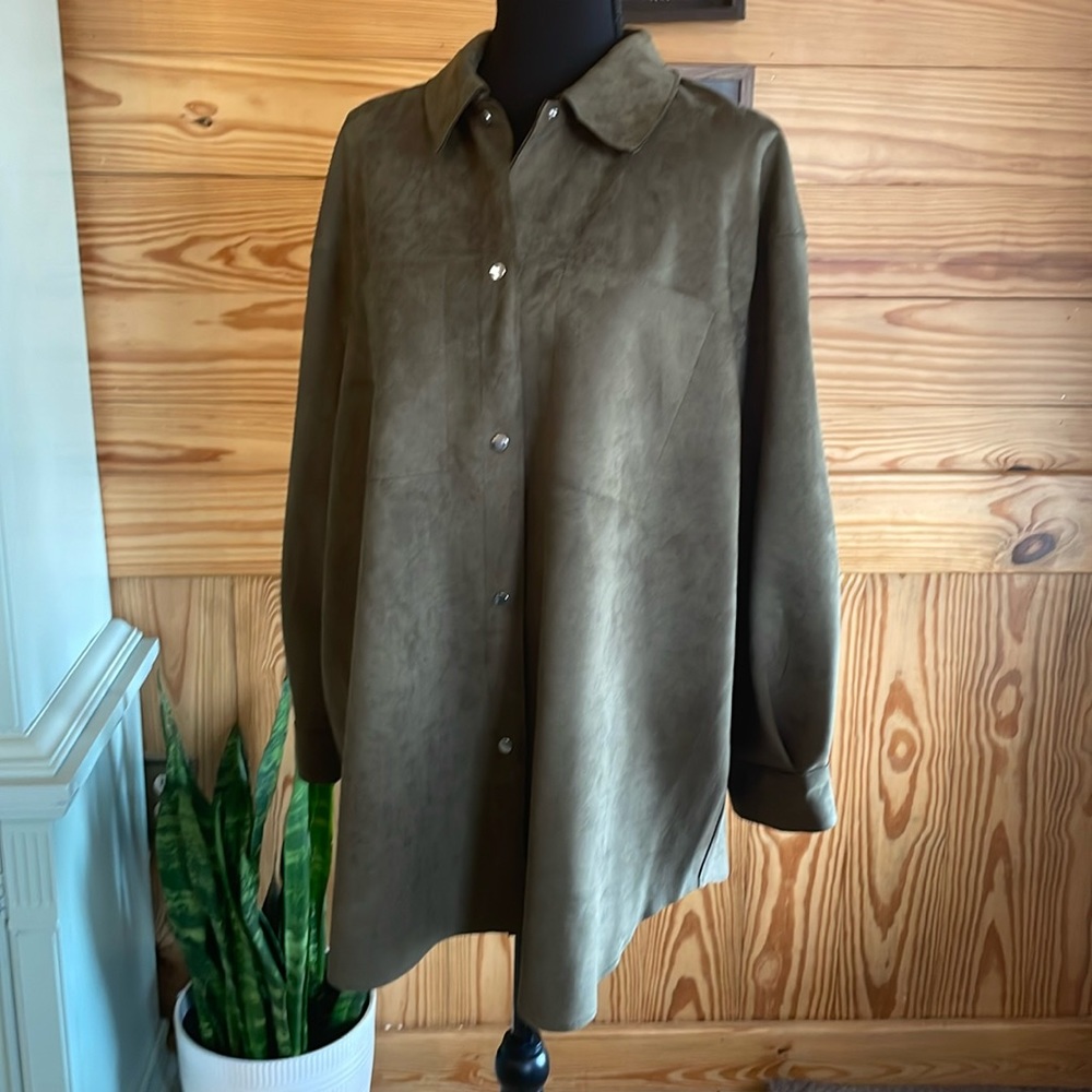 Women Ivy Olive Button Down Blazer 2X New Faux Leather Truth By Republic NWT